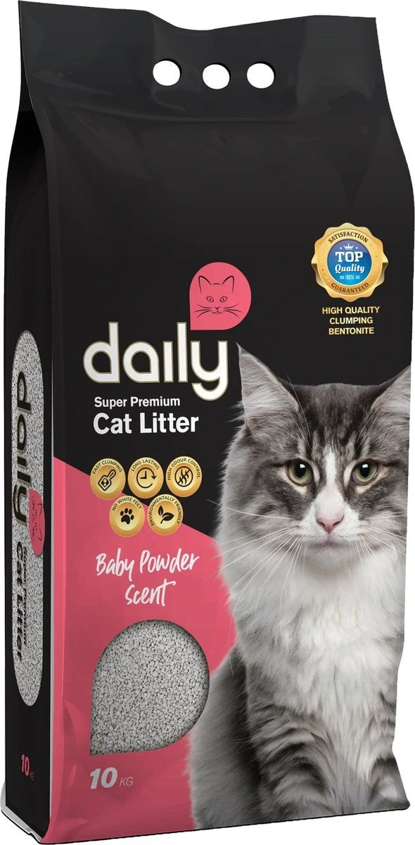 Daily Super Premium Katzenstreu Babypuderduft 10 kg – ergiebige Bentonit Klumpstreu mit Silikat zur schnellen Geruchsbindung und einfachen Reinigung.
