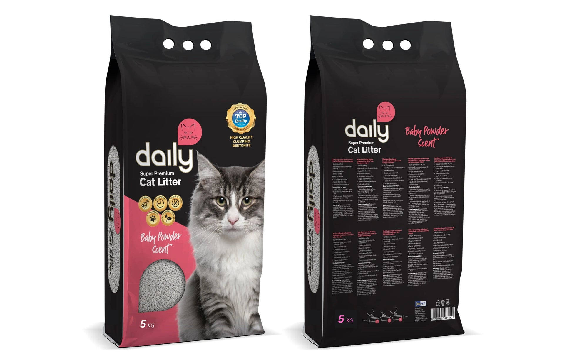 Daily Super Premium Katzenstreu Babypuderduft 5 kg – staubarme Klumpstreu mit 380 % Saugkraft und sofortiger Geruchsneutralisierung.