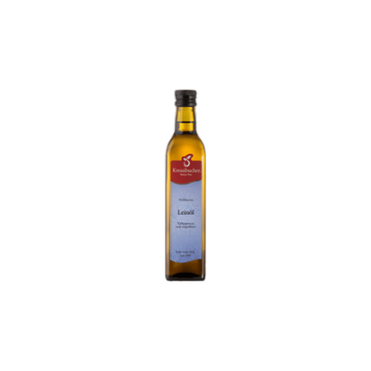 Delikatess Leinöl aus dem Thurgau in einer 50 cl Flasche – hochwertiges, kaltgepresstes Öl für die gesunde Ernährung von Haustieren.
