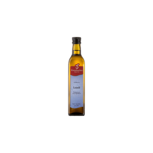 Delikatess Leinöl aus dem Thurgau in einer 50 cl Flasche – hochwertiges, kaltgepresstes Öl für die gesunde Ernährung von Haustieren.