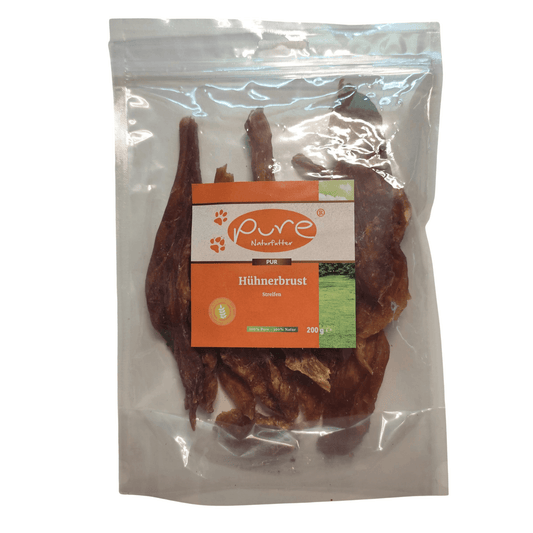 Zarte Hühnerbrust-Streifen als besonders magere und proteinreiche Belohnung; der perfekte, fettarme Kauspass aus 100% reinem Fleisch für empfindliche Hunde.
