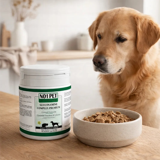 Glucosamin für Hunde als Nahrungsergänzung für Gelenke und Knochen neben Hundefutter