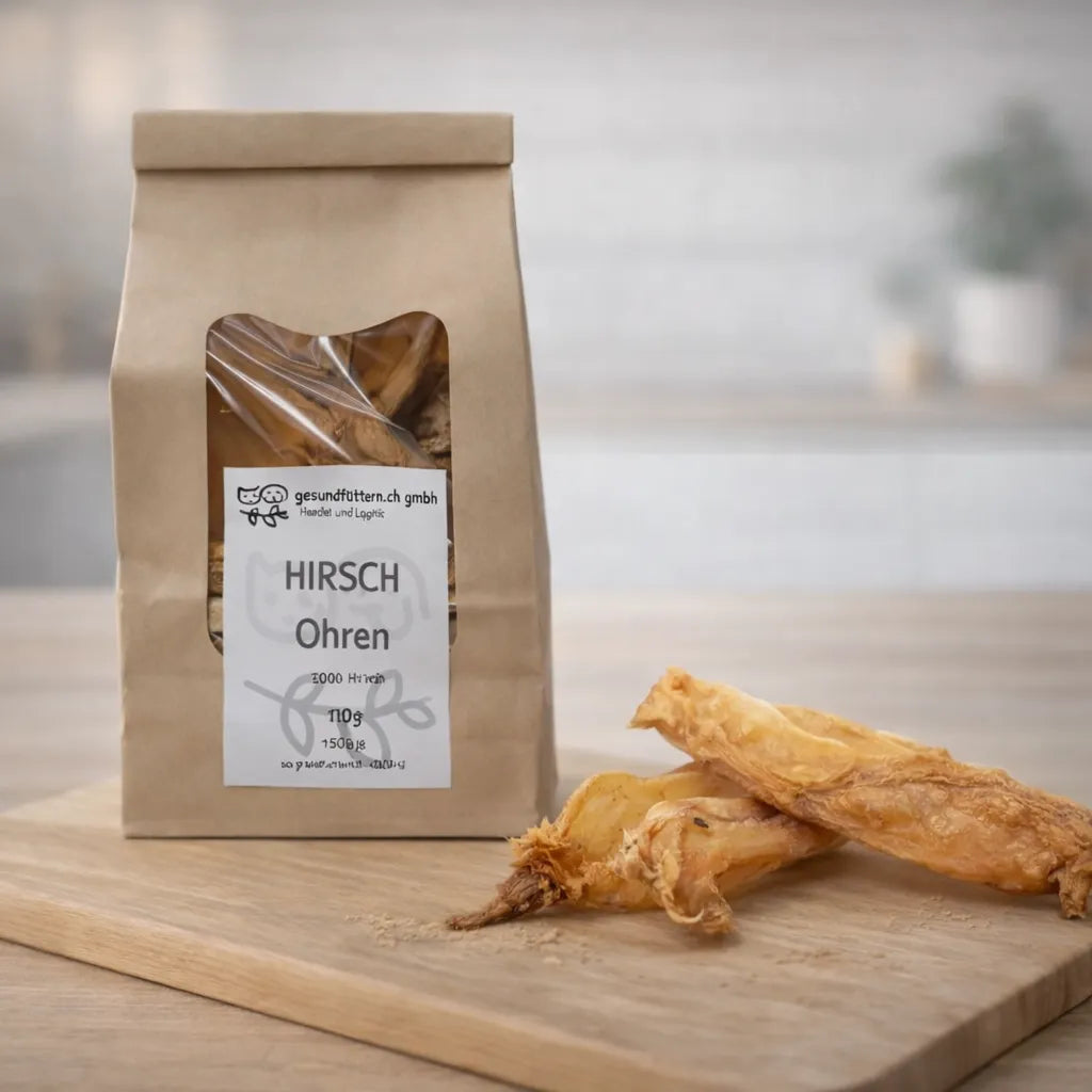 Hirsch Ohren für Hunde, natürlicher Kausnack vom Hirsch, schonend getrocknet, im Kraftpapierbeutel