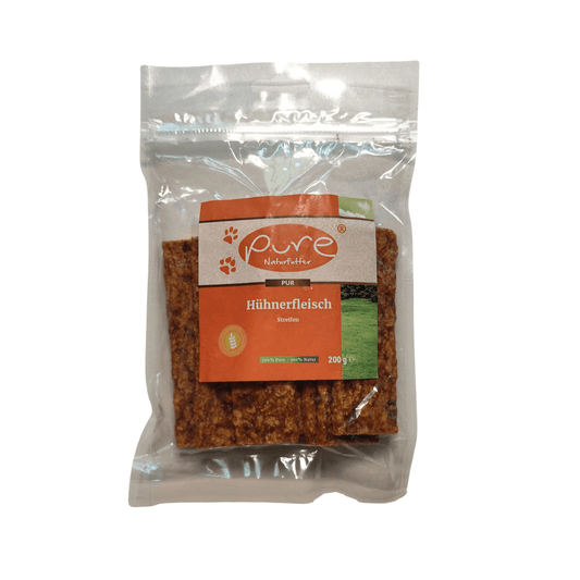 Saftige Hühnerfleisch-Streifen als ideale Belohnung fürs Training; ein reiner und proteinreicher Snack aus 100% Naturfleisch, den dein Hund lieben wird.