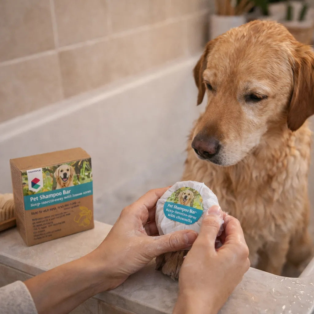 Hund baden mit festem Shampoo, natürliche Hundepflege mit Shampoo Bar im Badezimmer