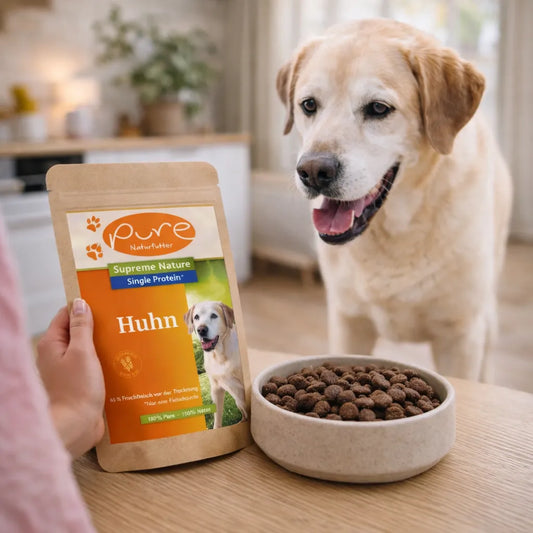 Hundefutter Huhn getreidefrei Single Protein PURE Naturfutter Hund vor Napf mit Trockenfutter