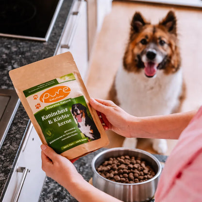 Hund wartet vor Napf während eine Person Trockenfutter Kaninchen & Kürbiskerne von PURE in der Küche hält