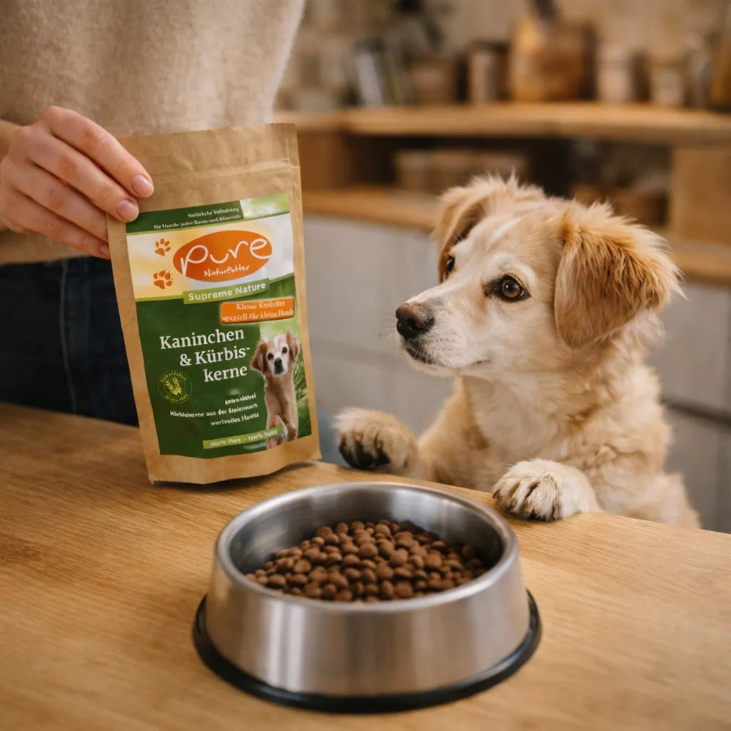 Hund wartet auf Futter neben Napf und Probierpackung Kaninchen & Kürbiskerne von PURE in der Küche