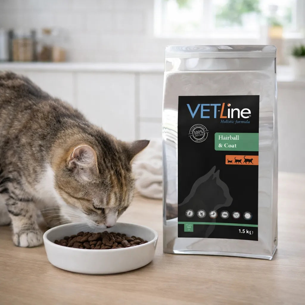 Katze frisst Trockenfutter aus Napf neben VET-Line Hairball und Coat Katzenfutter
