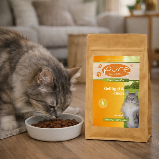 Katze frisst Trockenfutter aus Napf neben Pure Naturfutter Geflügel und Fisch in Wohnzimmer