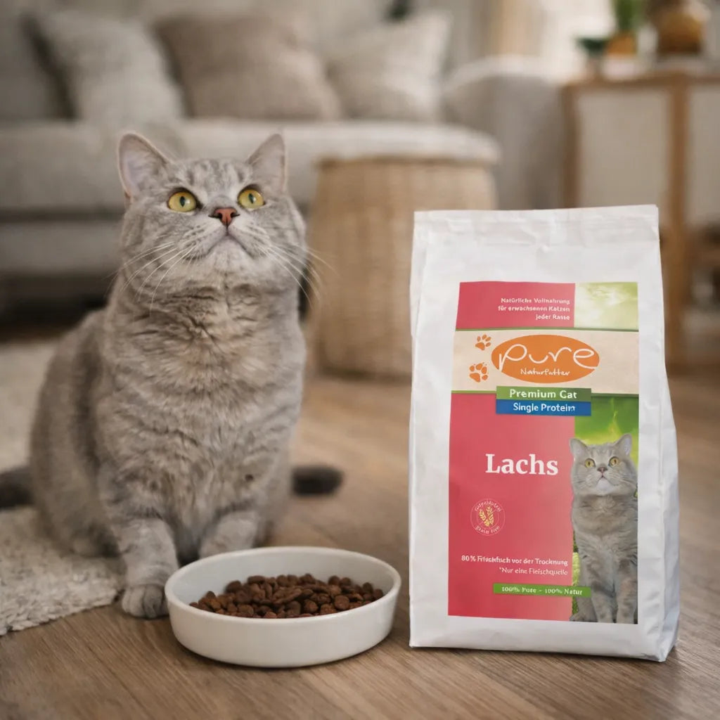 Graue Katze sitzt aufmerksam neben Napf mit Trockenfutter und Pure Naturfutter Lachs in gemütlichem Wohnzimmer