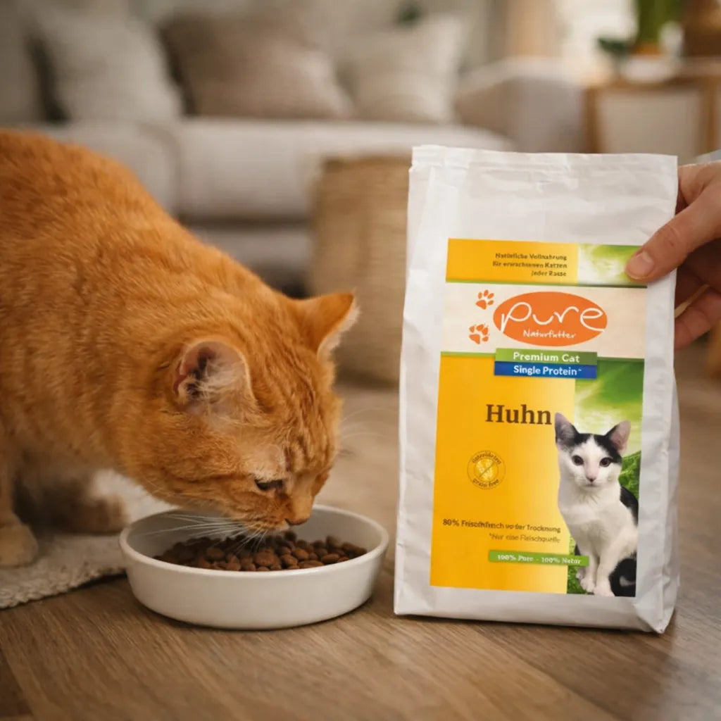 Rote Katze frisst Trockenfutter aus Napf neben Pure Naturfutter Katzenfutter Huhn Single Protein in heller Küche