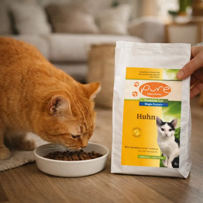 Rote Katze frisst Trockenfutter aus Napf neben Pure Naturfutter Katzenfutter Huhn Single Protein in heller Küche