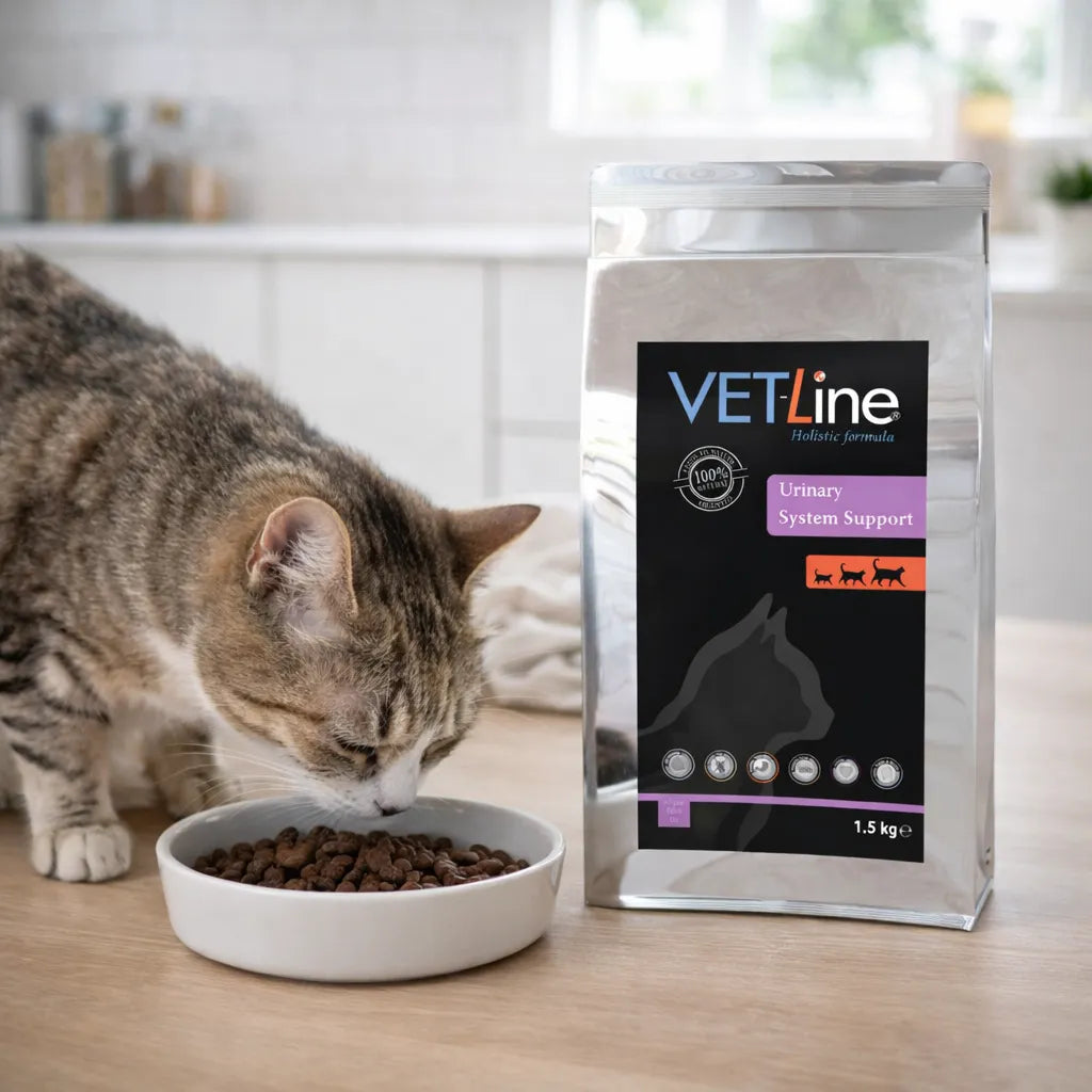 Katze frisst Trockenfutter aus Napf neben VET-Line Urinary Katzenfutter