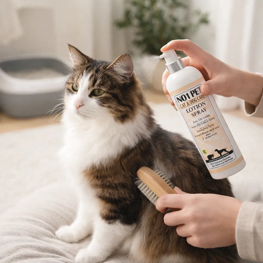 Katzenpflege mit Spray und Bürste, Fellpflege Katze gegen Verfilzungen und Knoten