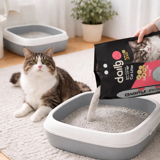 Katzenstreu einfüllen in Katzenklo, saubere Katzentoilette mit frischer Streu für Katze