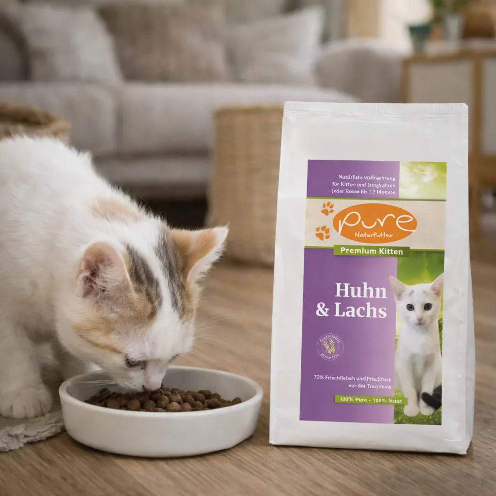 Kittenfutter Trockenfutter Huhn und Lachs von Pure Naturfutter neben fressendem Kätzchen