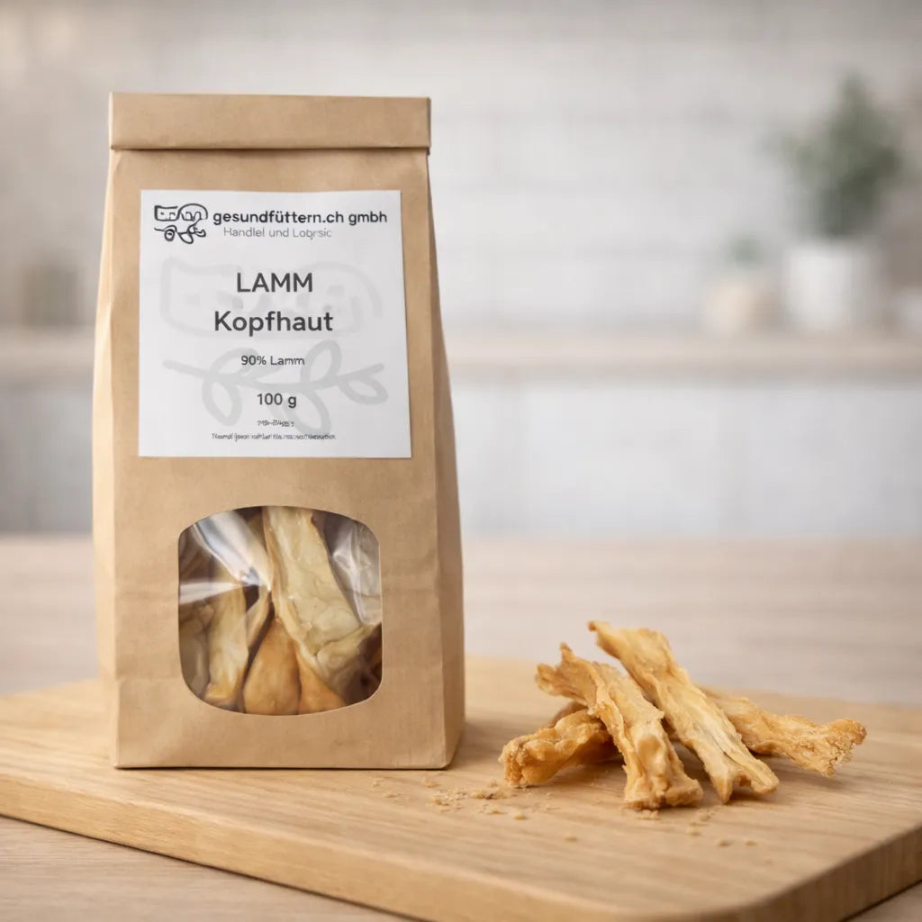 Lamm Kopfhaut für Hunde, natürlicher Kausnack aus 90 Prozent Lamm, schonend getrocknet