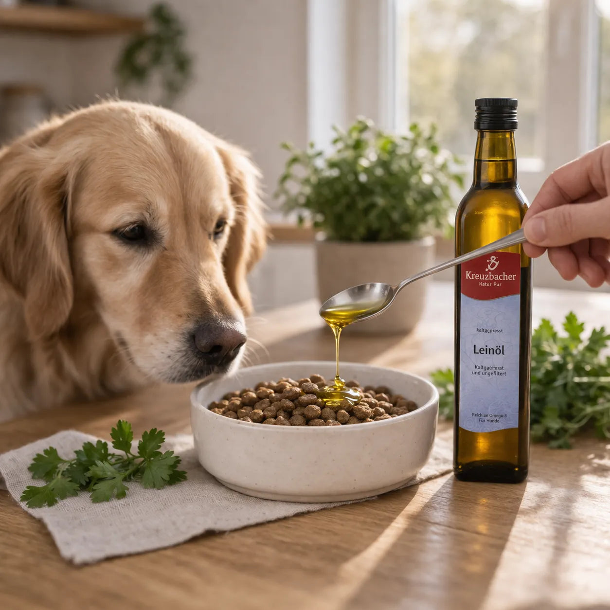 Leinöl für Hunde wird als natürliche Nahrungsergänzung über Trockenfutter gegeben