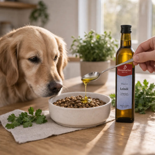 Leinöl für Hunde wird als natürliche Nahrungsergänzung über Trockenfutter gegeben