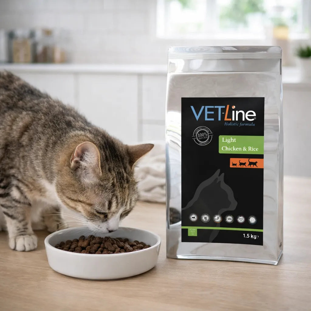 Katze frisst Trockenfutter aus Schüssel neben VET-Line Light Katzenfutter für leichte Ernährung
