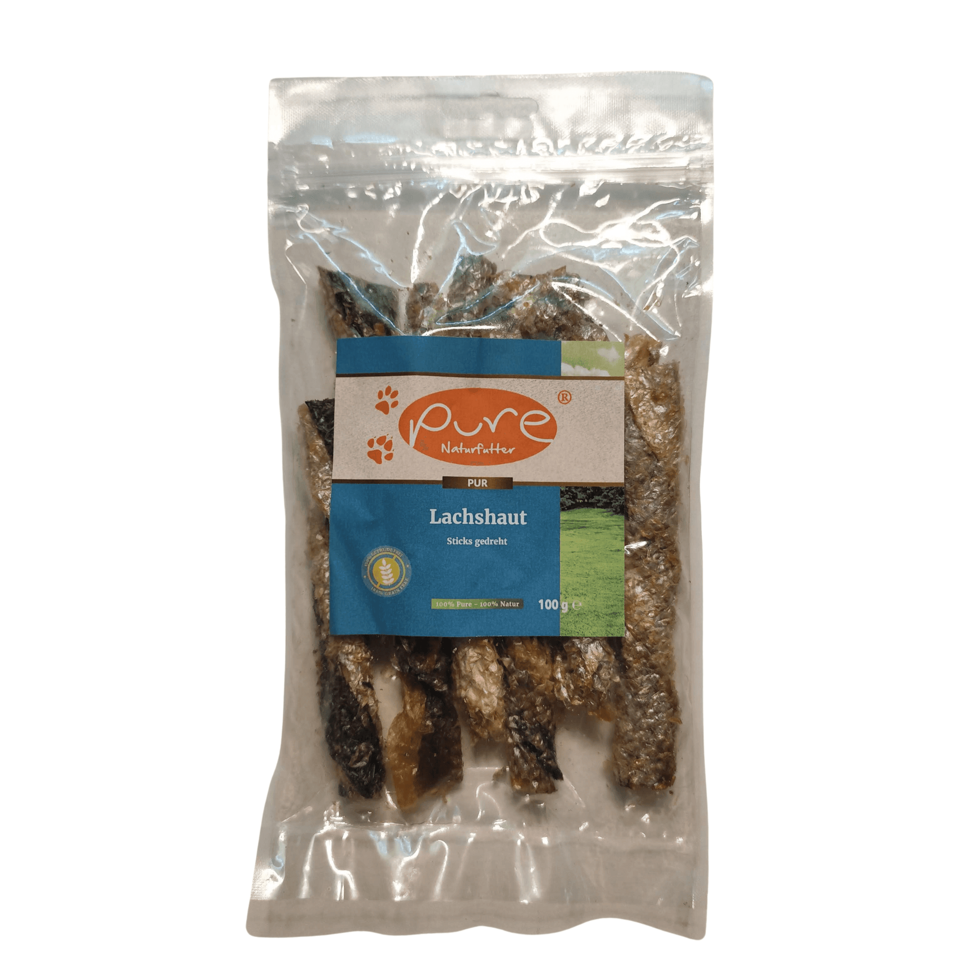 Gesunde Belohnung für den Hund: Gedrehte Lachshaut-Sticks als natürlicher Kau-Snack, reich an Omega-3-Fettsäuren für glänzendes Fell und gesunde Haut.