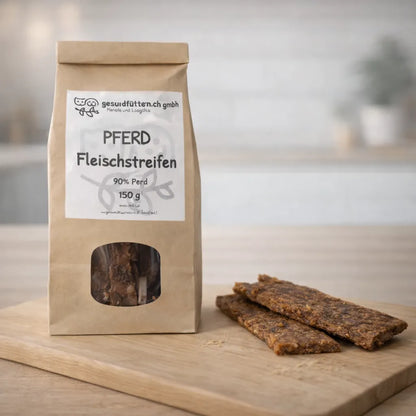 Pferd Fleischstreifen für Hunde, natürlicher Hundesnack mit 90 Prozent Pferdefleisch, schonend getrocknet