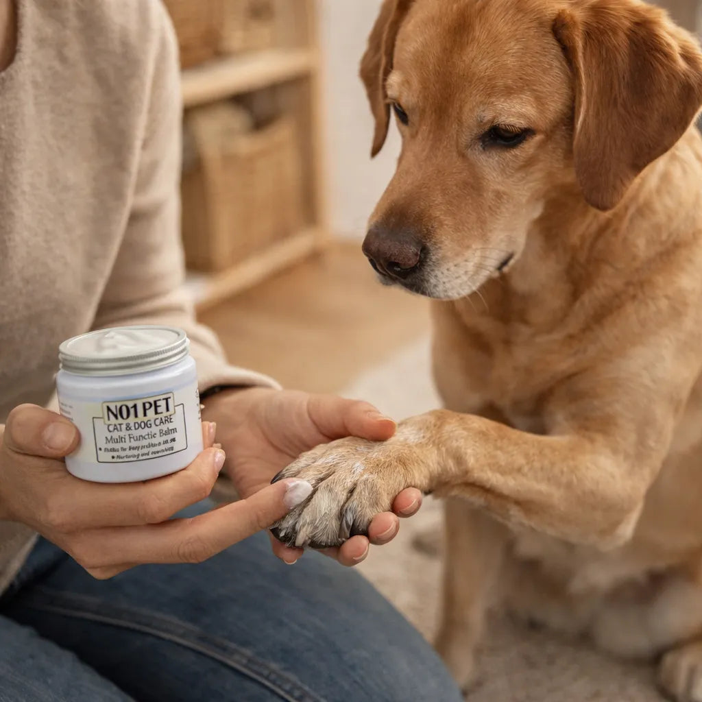 Pfotenpflege Hund mit Balsam, natürliche Pflege für trockene Hundepfoten, Anwendung zu Hause
