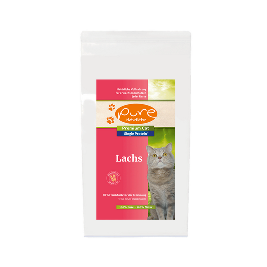 Premium Cat Single-Protein Lachs – getreidefreies Katzenfutter mit hochwertigem Lachs, ideal für eine gesunde Ernährung und glänzendes Fell von Katzen.
