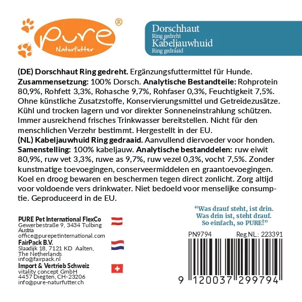 PURE Dorschhaut Ring gedreht Rückseite mit Zusammensetzung und analytischen Bestandteilen für Hunde