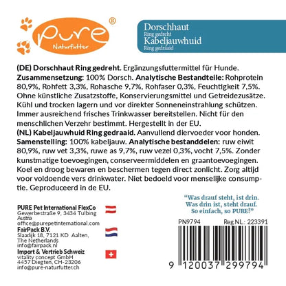 PURE Dorschhaut Ring gedreht Rückseite mit Zusammensetzung und analytischen Bestandteilen für Hunde
