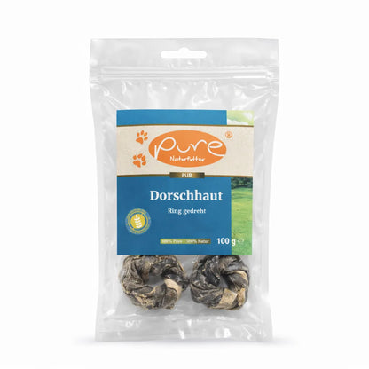 PURE Dorschhaut Ring gedreht für Hunde in Verpackung, natürlicher Snack aus 100 Prozent Fisch
