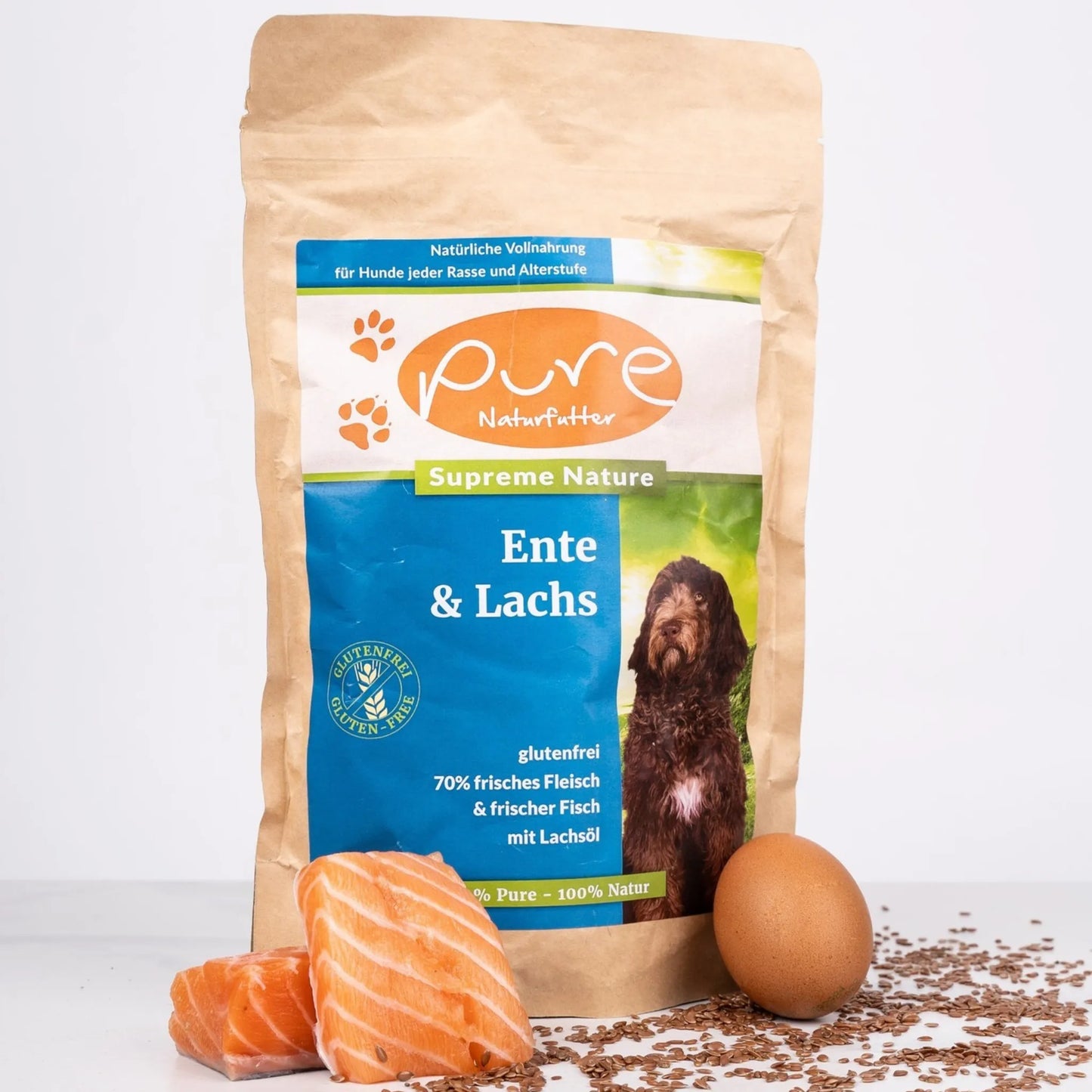 Beutel PURE Ente & Lachs mit frischem Lachsfilet, Ei und Leinsamen – glutenfreies Trockenfutter für Hunde