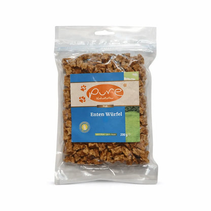 PURE Enten Würfel für Hunde in Verpackung, hochwertiger Snack aus 100 Prozent Ente