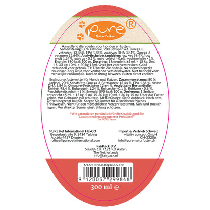 PURE Food Topping 300 ml – Rückseite mit Zusammensetzung, Analytik und Fütterungsempfehlung