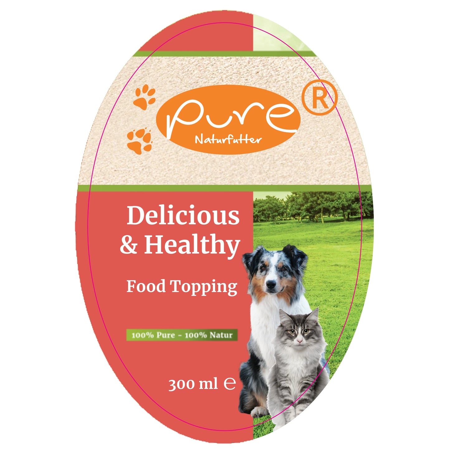 PURE Delicious & Healthy Food Topping 300 ml – Vorderseite der Flasche (Etikett)