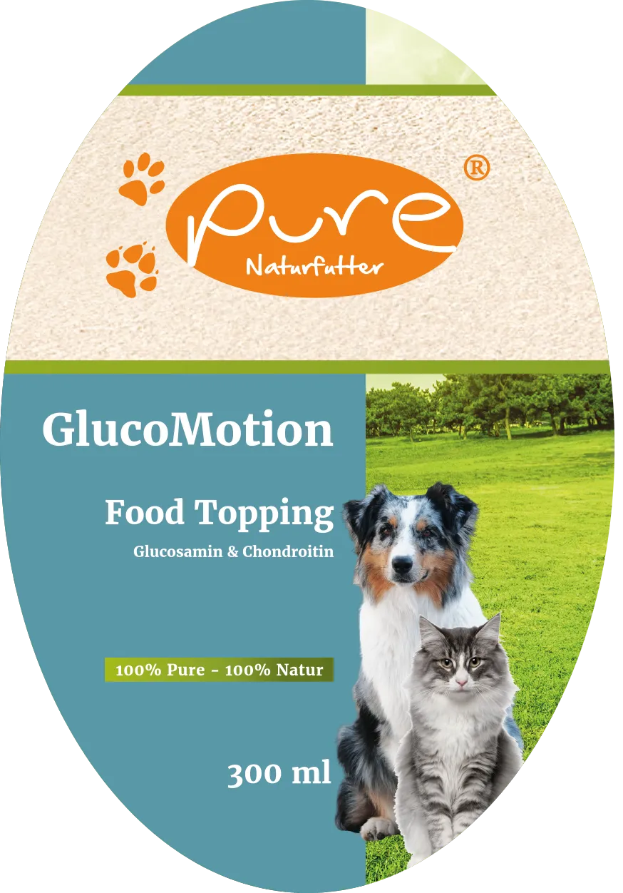 PURE GlucoMotion Food Topping 300 ml Etikette mit Hund und Katze