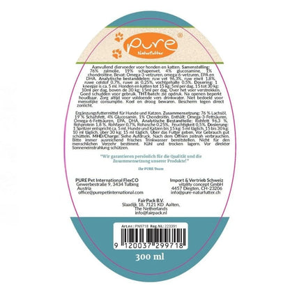 Rücketikette des PURE GlucoMotion Food Topping 300 ml mit Zusammensetzung und Fütterungsempfehlung