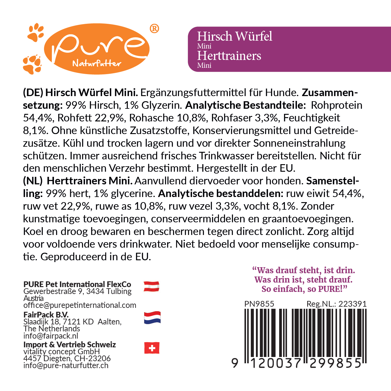 PURE Hirsch Würfel Mini – Rückseite mit Zusammensetzung und analytischen Bestandteilen des 200-g-Hundesnacks