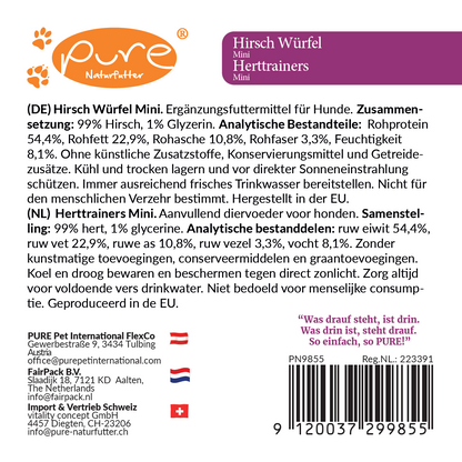 PURE Hirsch Würfel Mini – Rückseite mit Zusammensetzung und analytischen Bestandteilen des 200-g-Hundesnacks