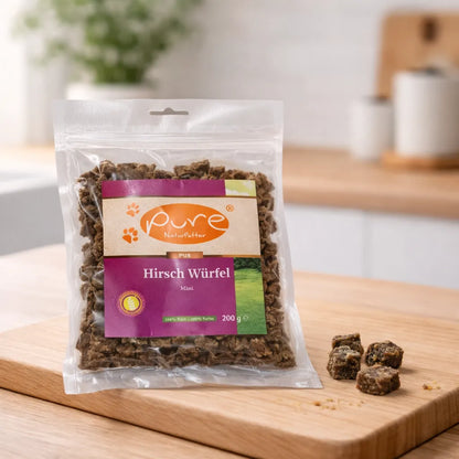 PURE Hirsch Würfel Mini Hundesnack mit einzelnen Stücken, natürlicher Trainingssnack ohne Zusatzstoffe