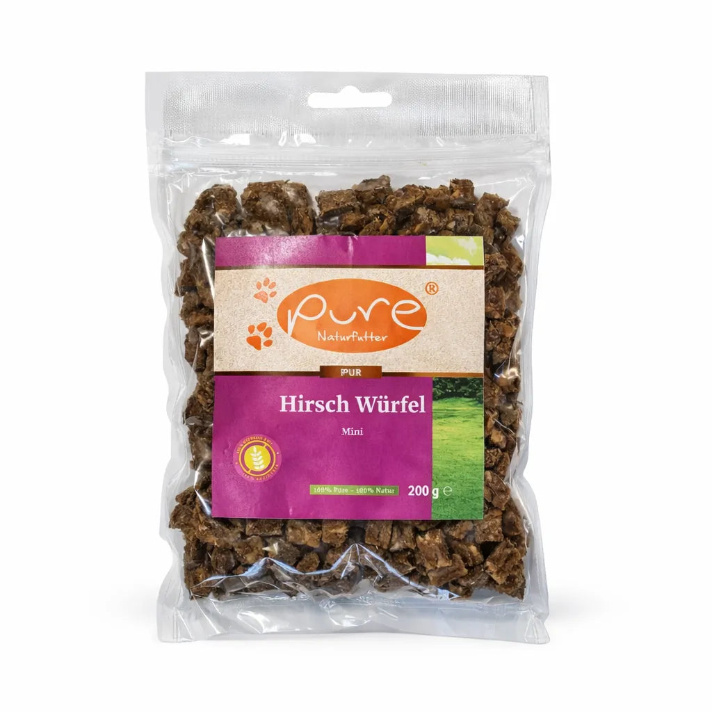 PURE Hirsch Würfel Mini für Hunde in Verpackung, natürlicher Trainingssnack aus Hirschfleisch