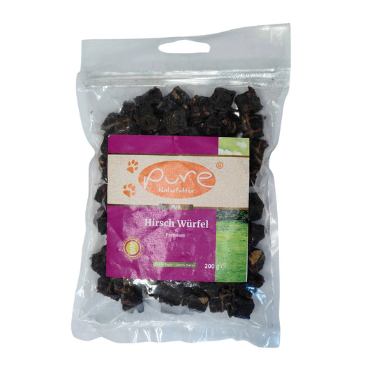 PURE Naturfutter Hirsch Würfel Premium – schonend getrocknete Hirschfleisch-Würfel für Hunde, 100 % Natur, 200 g Packung