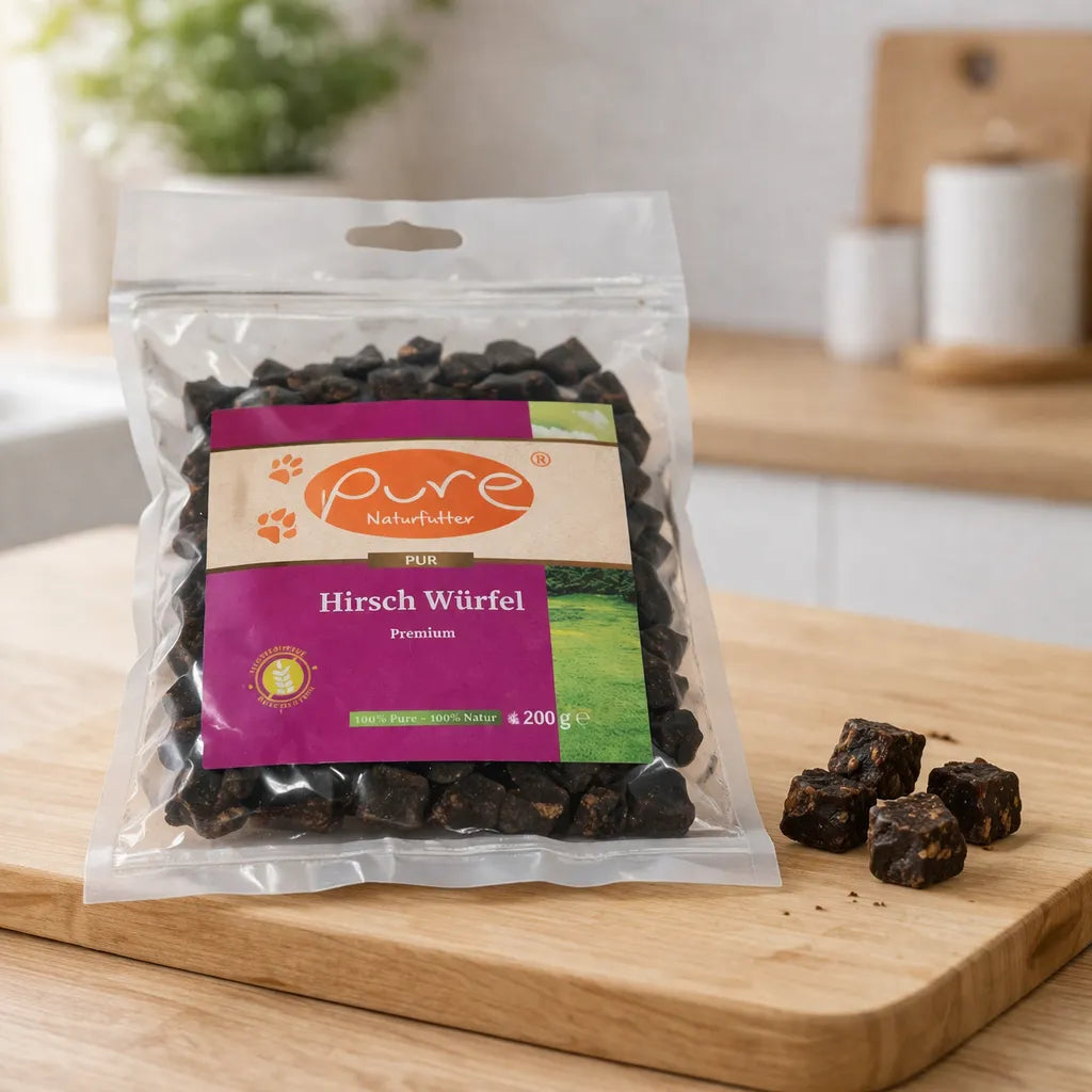 PURE Hirsch Würfel Premium für Hunde auf Holzbrett, natürlicher Trainingssnack aus Hirschfleisch