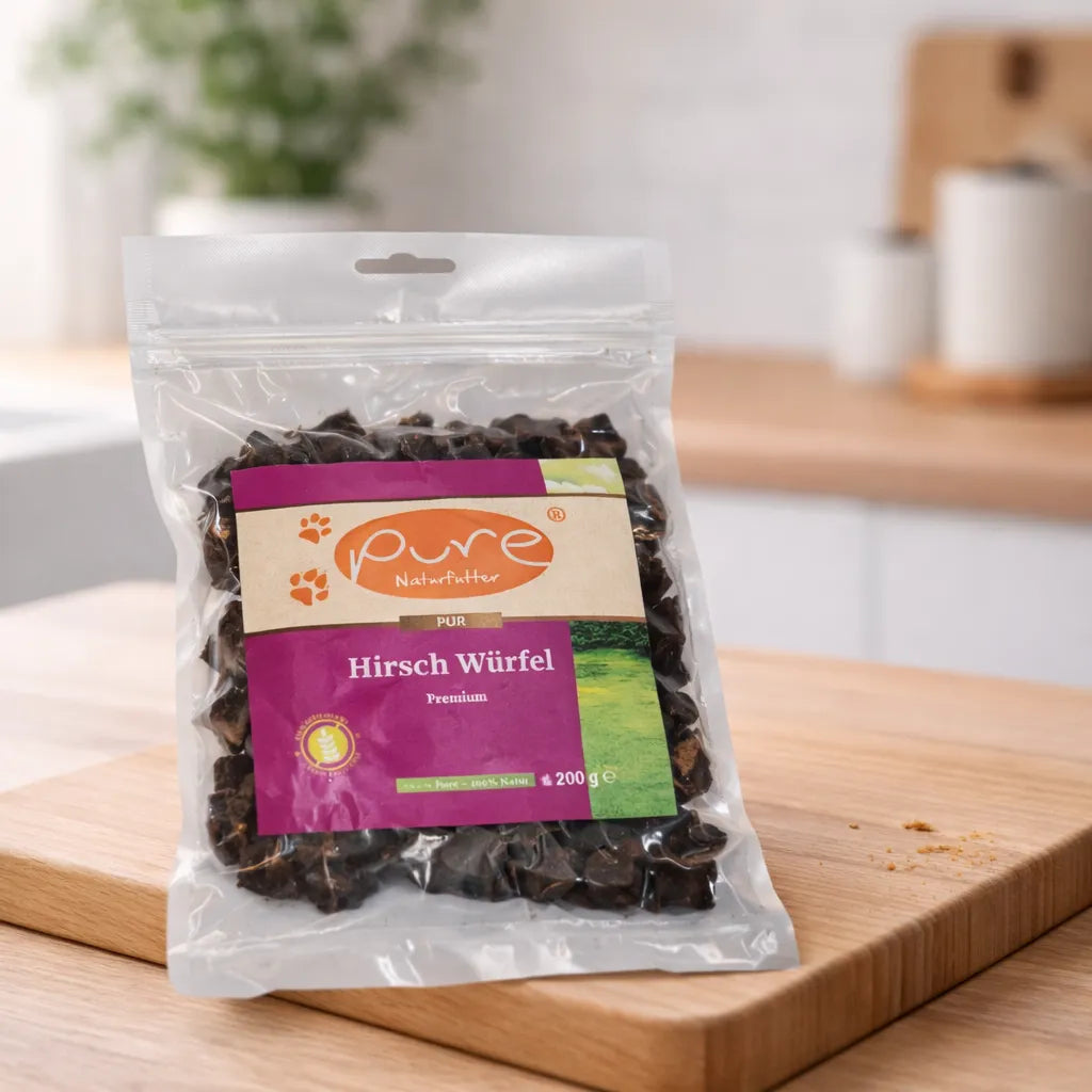 PURE Hirsch Würfel Premium für Hunde auf Holzbrett, natürlicher Snack ohne Zusatzstoffe