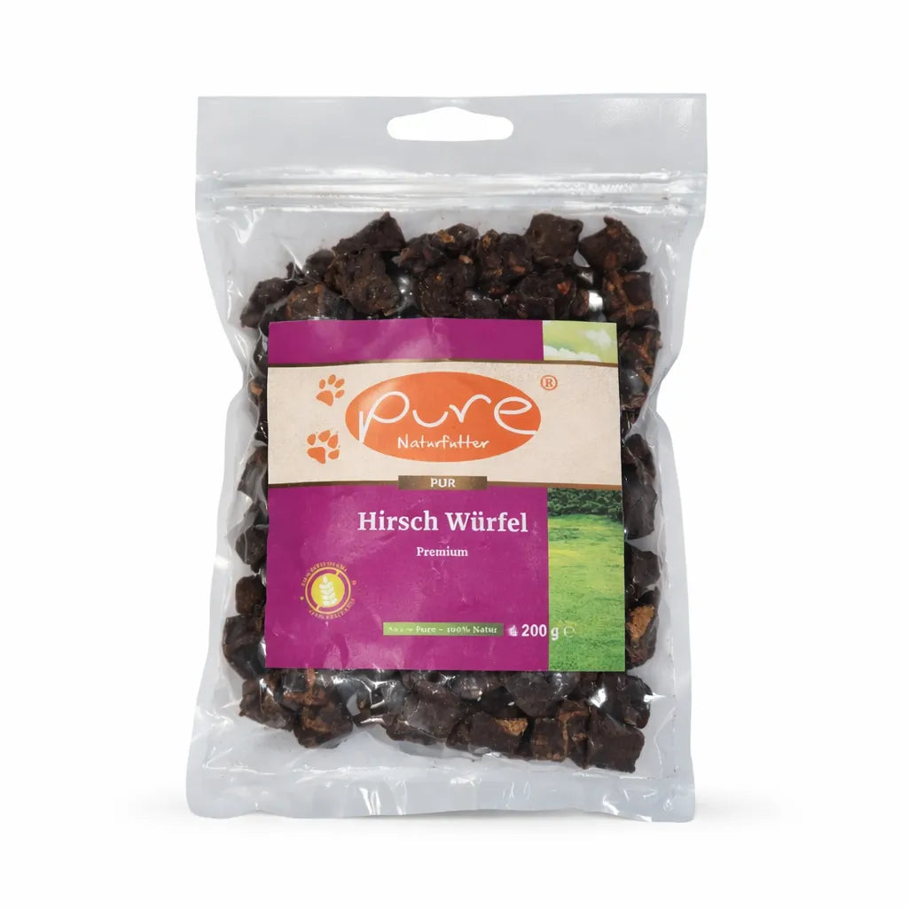 PURE Hirsch Würfel Premium für Hunde in Verpackung, natürlicher Snack aus 100 Prozent Hirsch