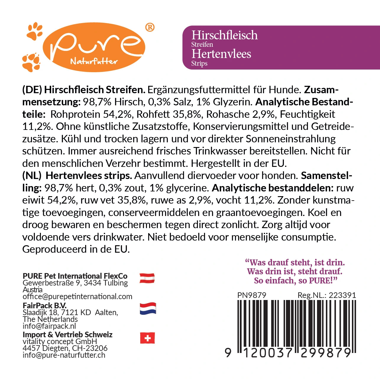 PURE Naturfutter Hirschfleisch Streifen 200 g Rückseite – Zusammensetzung: 98,7 % Hirsch, ohne Getreide, ohne künstliche Zusätze, Ergänzungsfuttermittel für Hunde