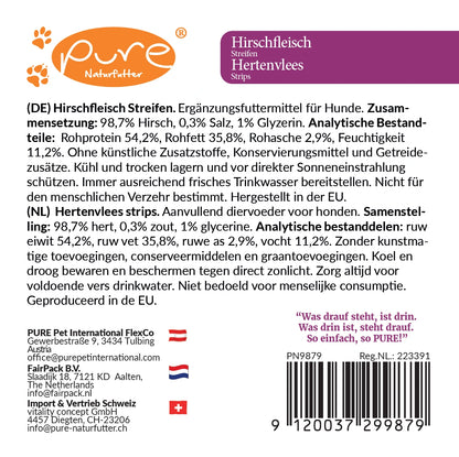 PURE Naturfutter Hirschfleisch Streifen 200 g Rückseite – Zusammensetzung: 98,7 % Hirsch, ohne Getreide, ohne künstliche Zusätze, Ergänzungsfuttermittel für Hunde
