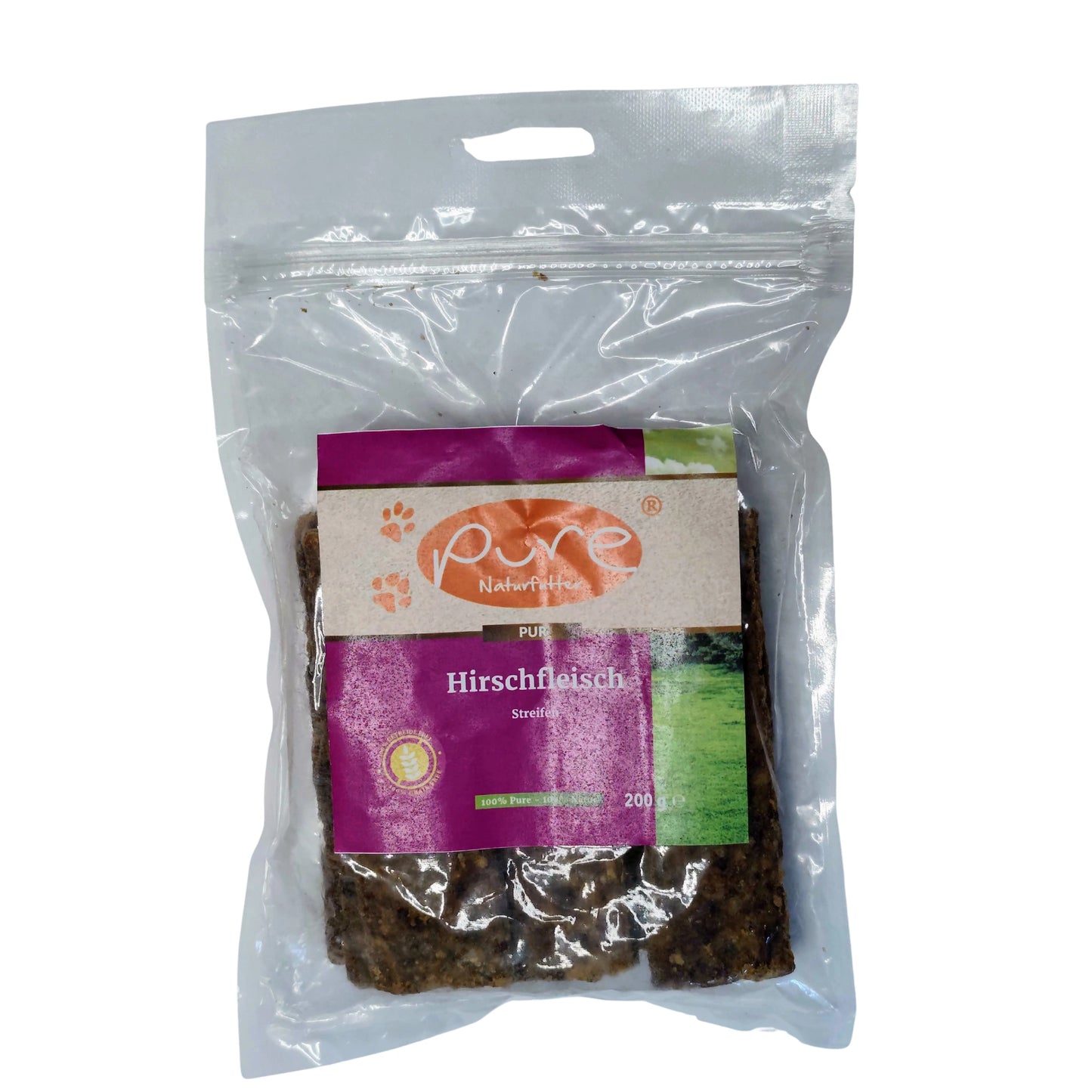 PURE Naturfutter Hirschfleisch Streifen – naturgetrocknete Hirschfleisch-Streifen für Hunde, 100 % Fleisch, 200 g Beutel