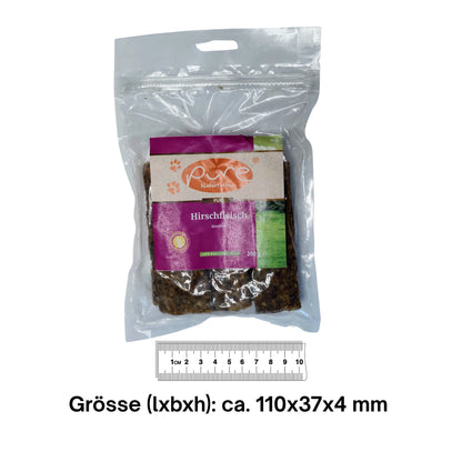 PURE Naturfutter Hirschfleisch Streifen – Grösse ca. 110 × 37 × 4 mm, getrocknete Hirsch-Snacks für Hunde, 200 g